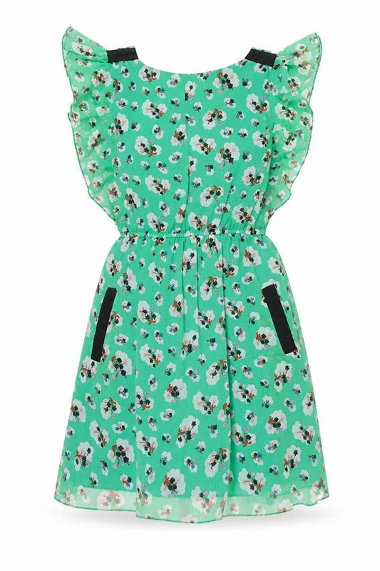 Front view of Max C women’s green geometric polyester fit & flare, size S, round neck button