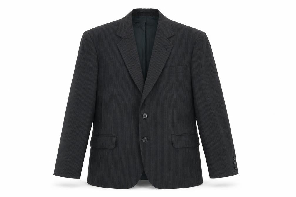 Front view of Skopes men’s black striped wool jacket suit jacket, size 42, regular