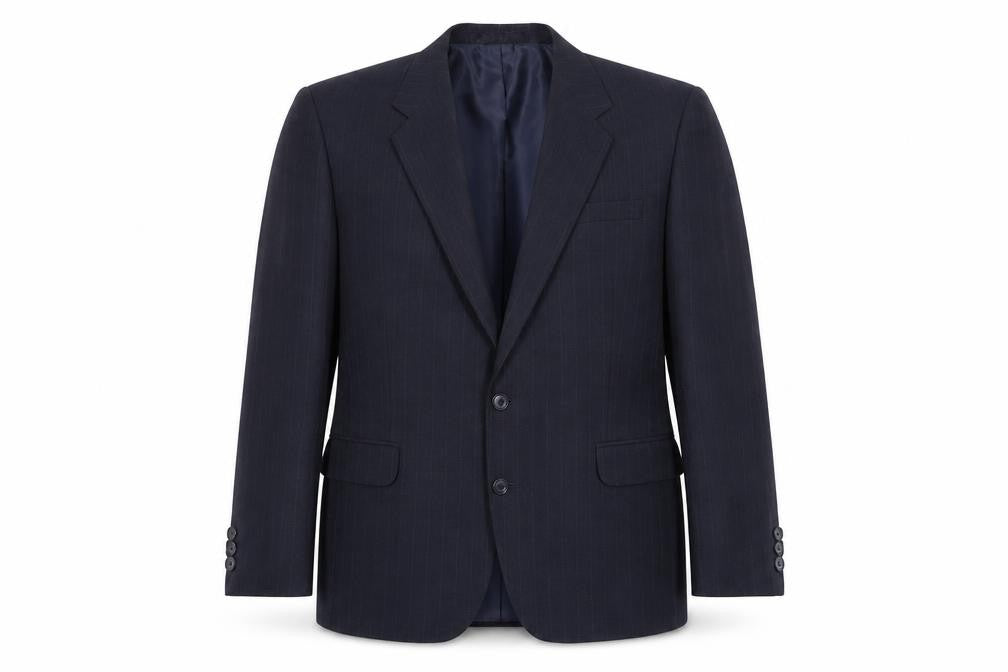 Front view of Greenwoods men’s blue striped polyester jacket suit jacket, size 44, regular