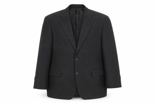 Front view of Carabou men’s grey striped polyester jacket suit jacket, size 48, regular