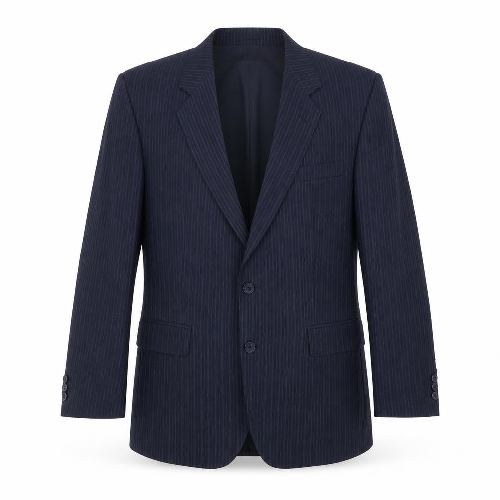 Front view of The Label men’s blue striped wool jacket suit jacket, size 38, regular
