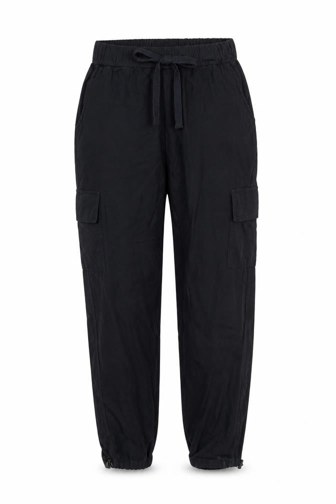 Front view of MnMl women’s blue polyester cargo trousers, size M, 32-inch leg regular drawstring - adjustable waist