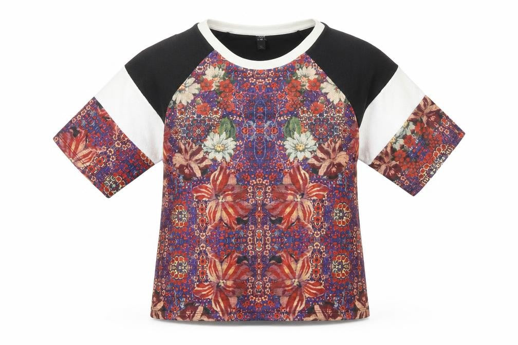Front view of Topshop women’s multicoloured floral polyester basic t-shirt, size UK 6, round neck