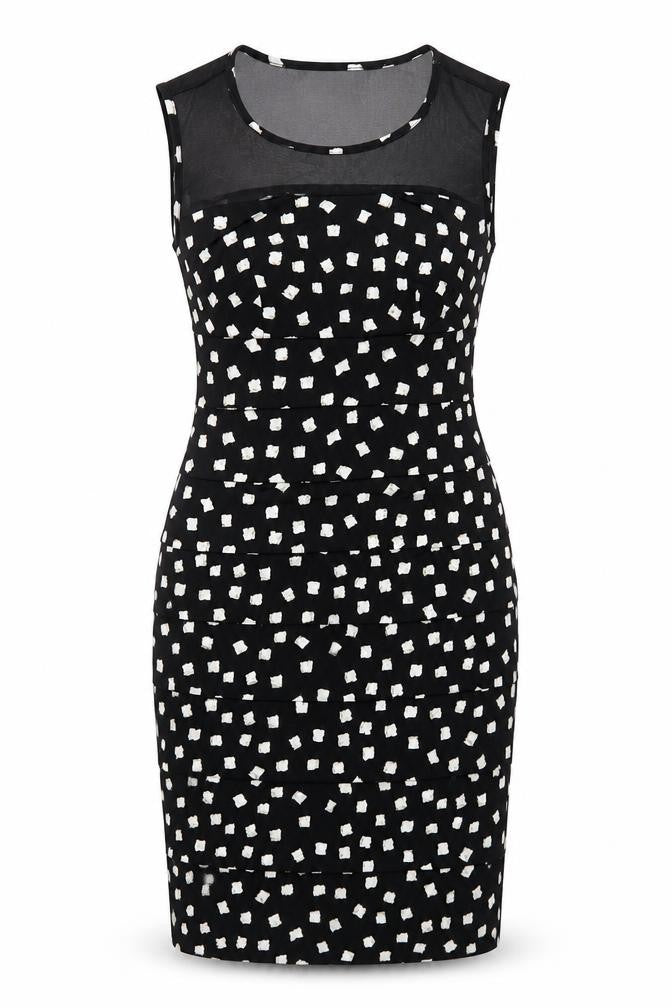 Front view of En Focus Studio women’s black geometric polyester a-line, size UK 4, round neck pullover