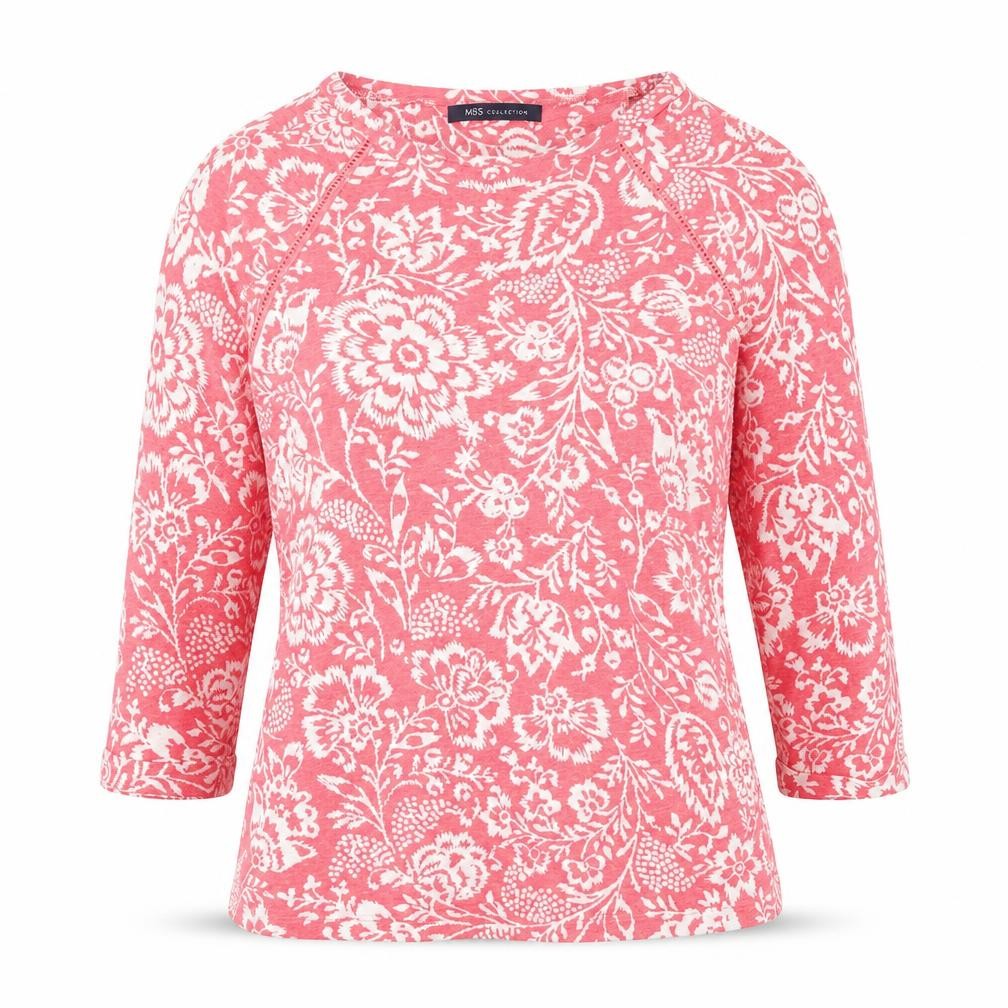 Marks & Spencer Womens Pink Floral Polyester Basic Blouse Size 8 Round Neck