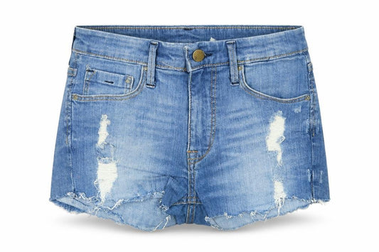 Front view of &Denim women’s blue cotton cut-off shorts, size UK 4, regular zip