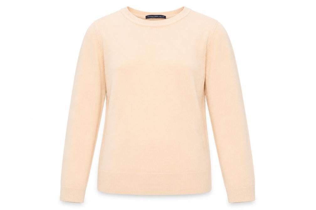 Front view of Marks & Spencer women’s pink round neck acrylic jumper, size UK 8
