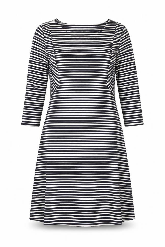Front view of Per Una women’s blue striped polyester trapeze & swing, size UK 12, round neck pullover