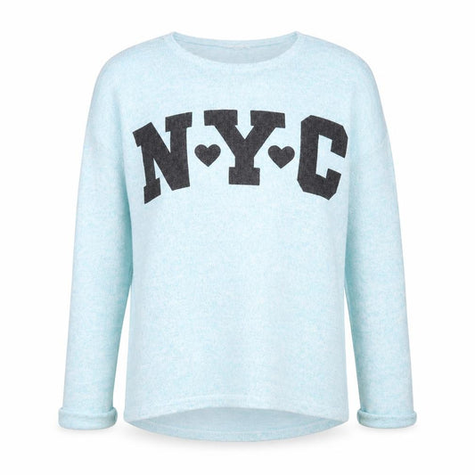 Front view of H&M girls’ blue round neck viscose jumper, size 14, years pullover - nyc