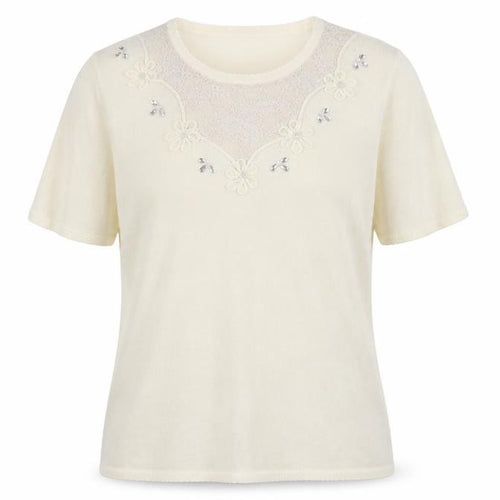 Bonmarché Womens Ivory Viscose Basic T-Shirt Size M Round Neck - Lace Details