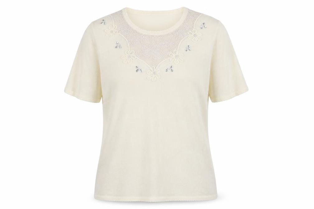Bonmarché Womens Ivory Viscose Basic T-Shirt Size M Round Neck - Lace Details