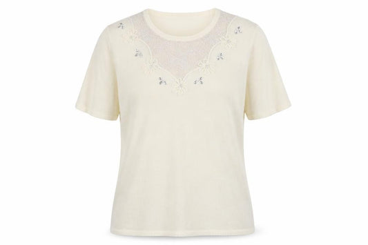 Front view of Bonmarché women’s ivory viscose basic t-shirt, size M, round neck - lace details