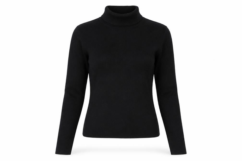 Front view of Suchita women’s black roll neck polyester jumper, size S