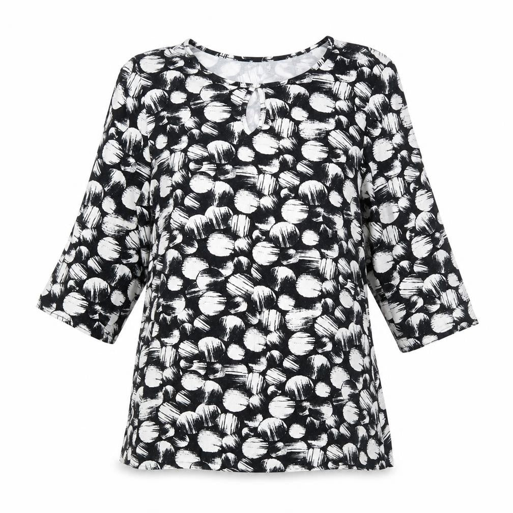Front view of Banke.B women’s black geometric viscose basic blouse, size UK 10, round neck