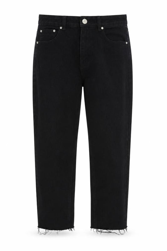 Front view of PRETTYLITTLETHING women’s black cotton straight jeans, size UK 8, relaxed zip