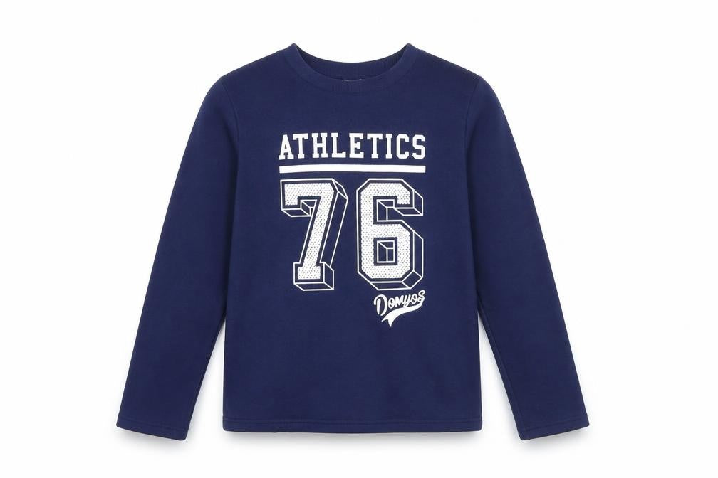Front view of Domyos girls’ blue cotton pullover sweatshirt, size 12, years pullover