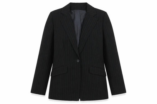 Front view of Klass women’s black pinstripe polyester jacket suit jacket, size UK 12