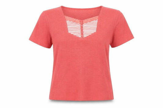 Front view of Bonmarché women’s pink striped cotton basic blouse, size S, square neck