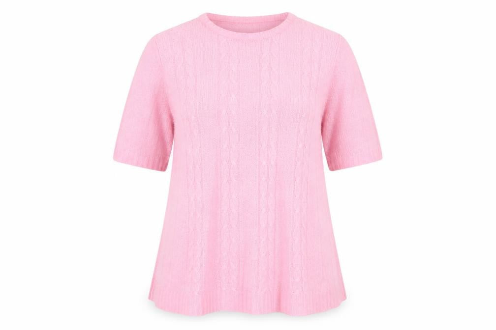 Front view of EWM women’s pink polyester basic t-shirt, size UK 14, round neck