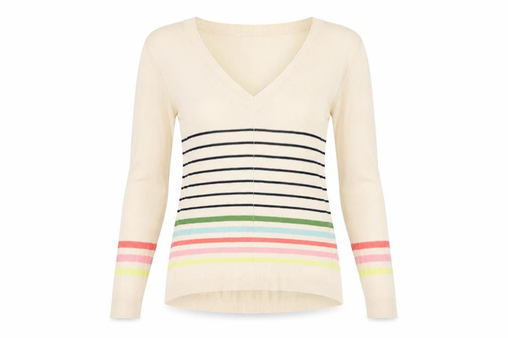 Front view of Next women’s multicoloured striped viscose basic blouse, size UK 8, v-neck - sheer