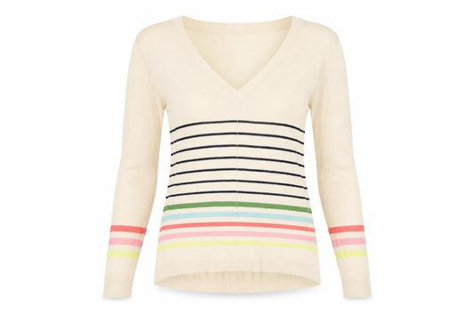 Front view of Next women’s multicoloured striped viscose basic blouse, size UK 8, v-neck - sheer