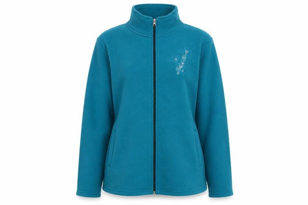 Front view of Anna De Lancay women’s blue polyester full zip sweatshirt, size L, zip