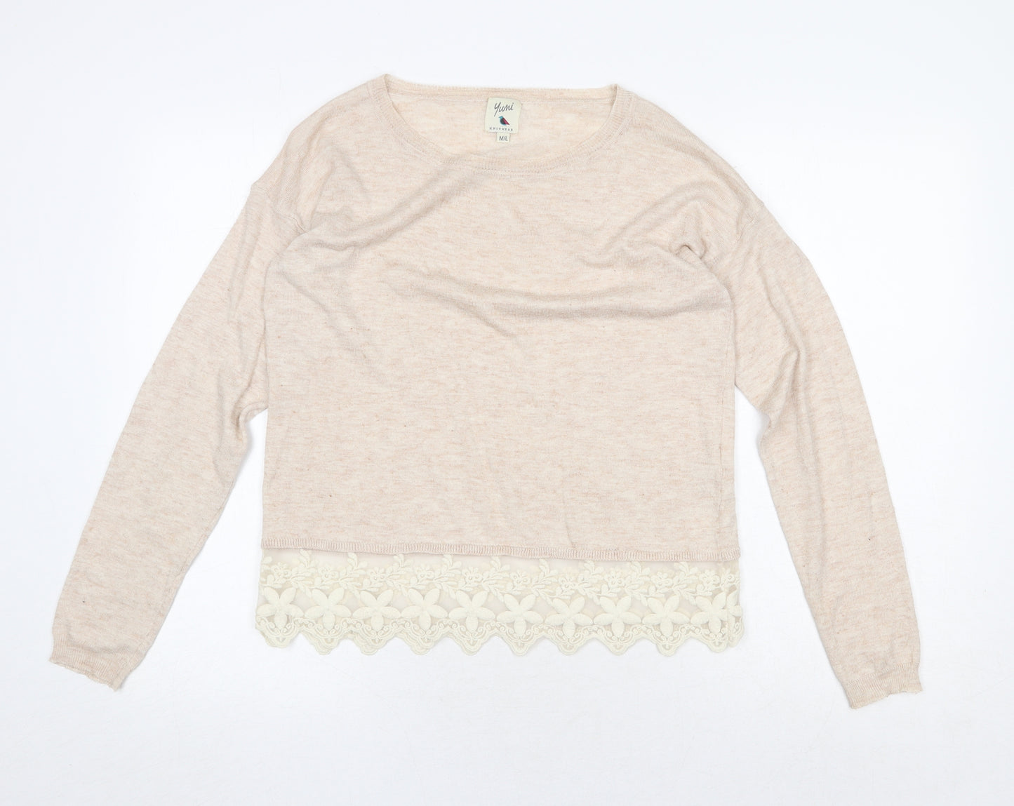 Yumi Womens Pink Boat Neck Polyester Pullover Jumper Size M - Lace Detail