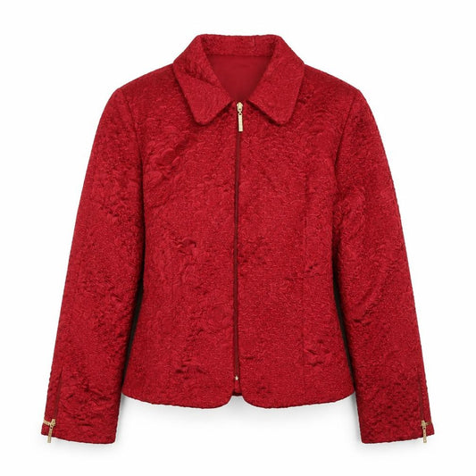 Front view of Rikkoff women’s red geometric jacket, size UK 10, zip