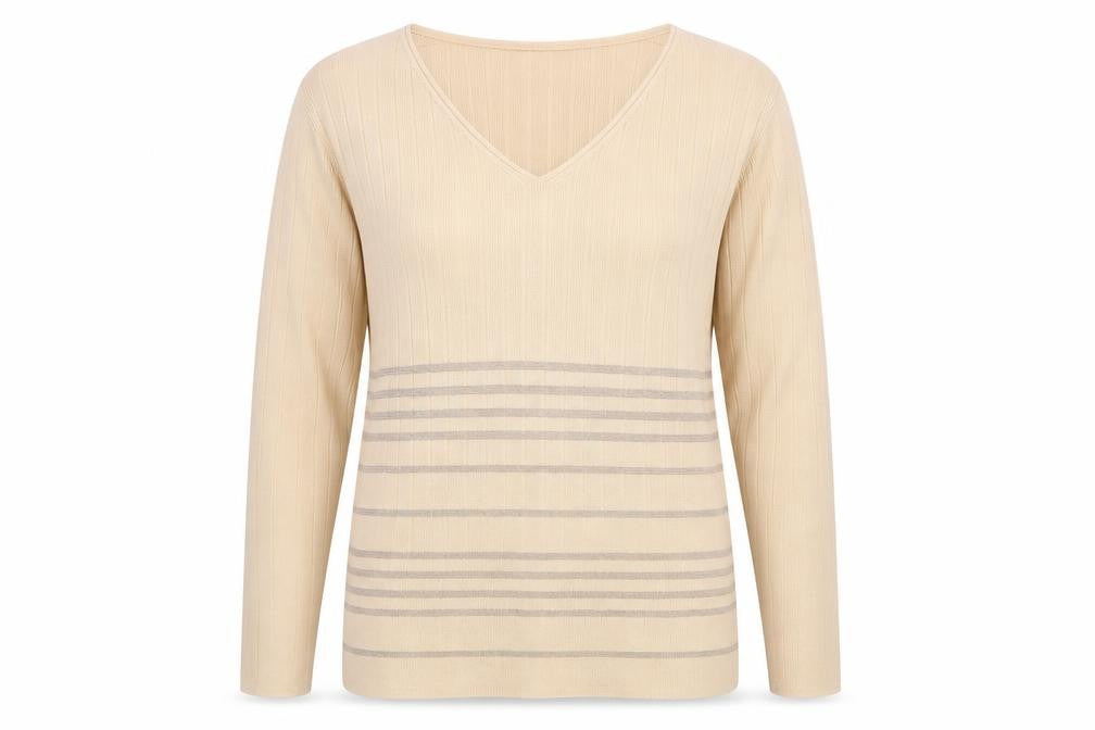 Front view of Casamia women’s beige v-neck acrylic jumper, size S
