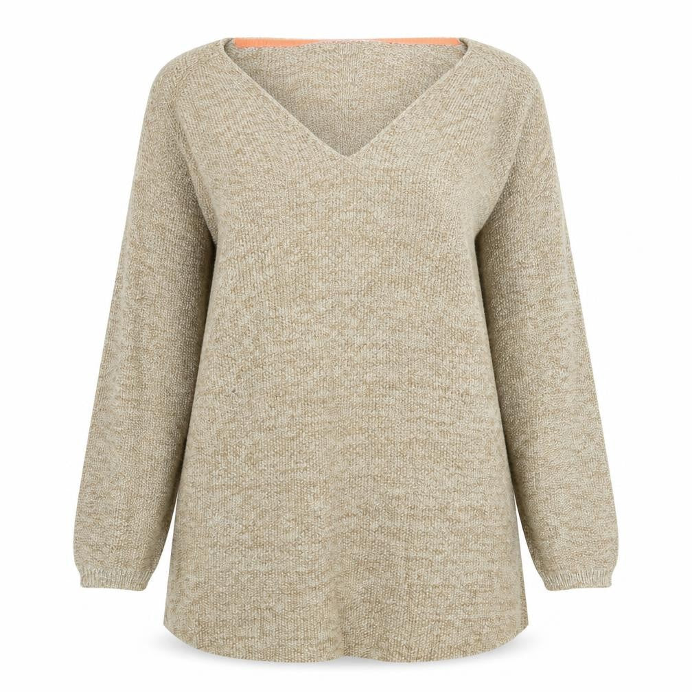 Front view of Next women’s beige v-neck cotton jumper, size UK 8