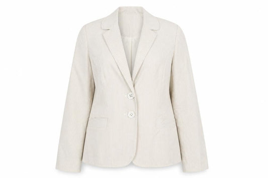 Front view of Marks & Spencer women’s beige striped jacket blazer, size UK 10, button