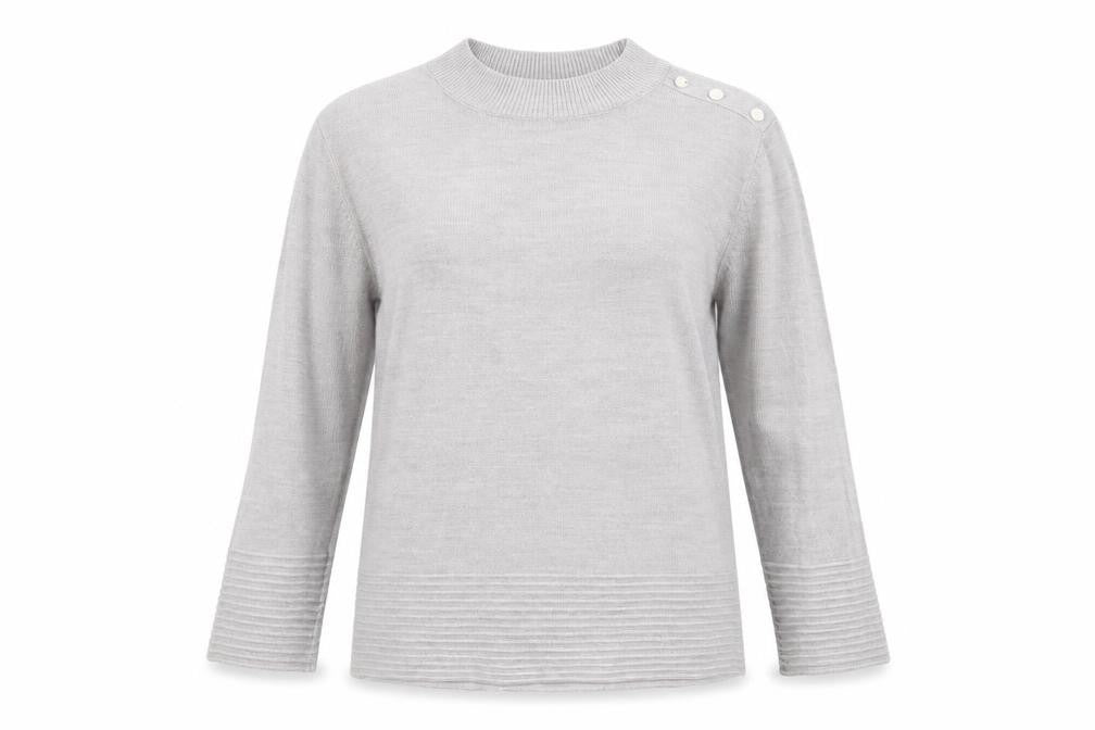 Front view of Marks & Spencer women’s grey round neck acrylic jumper, size UK 12