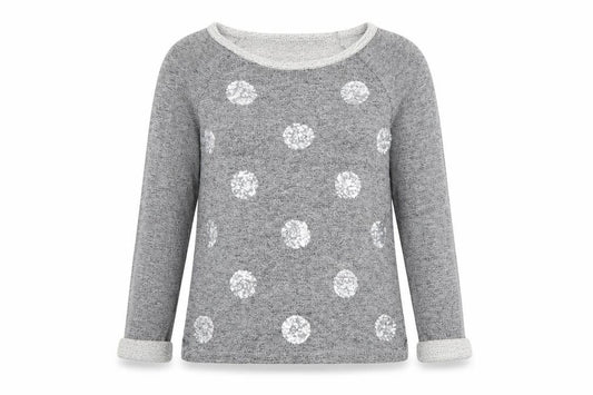 Front view of Next women’s grey round neck polka dot cotton jumper, size UK 12