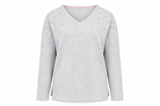 Front view of Viz women’s grey v-neck polyester jumper, size M