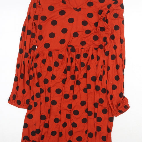 Boohoo Womens Orange Polka Dot Polyester Mini Size 8 V-Neck Pullover