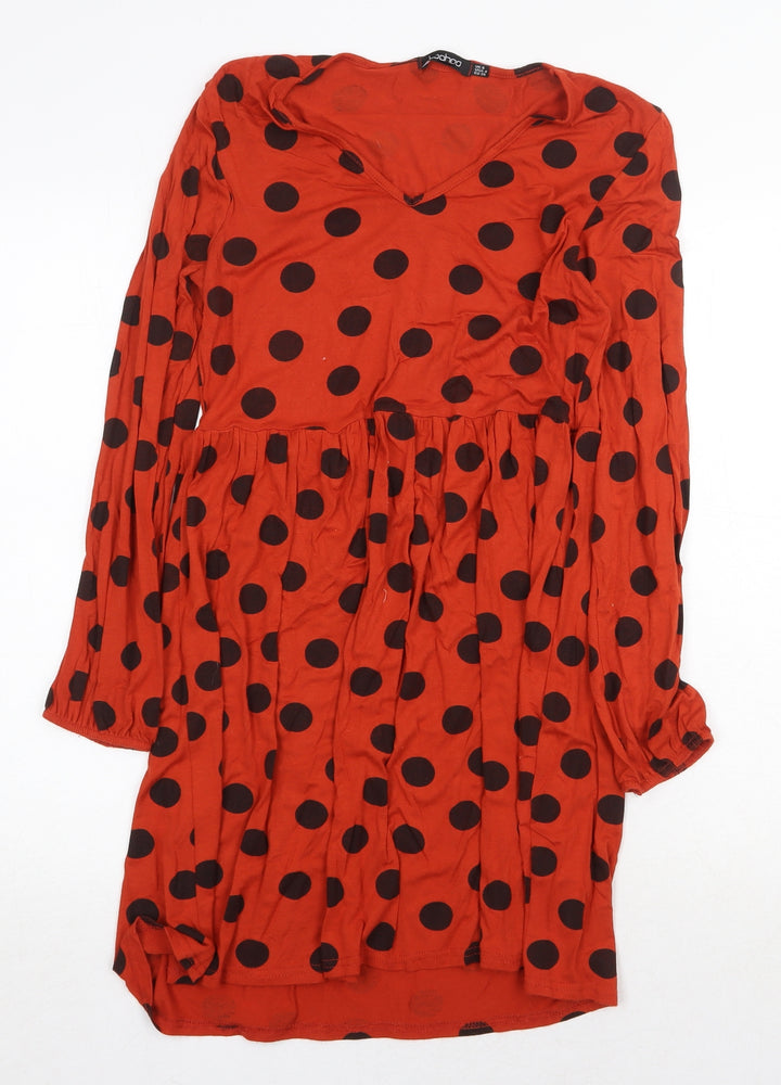 Boohoo Womens Orange Polka Dot Polyester Mini Size 8 V-Neck Pullover