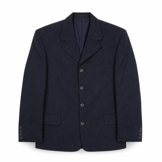 Front view of Revere men’s blue striped polyester jacket suit jacket, size 40, regular