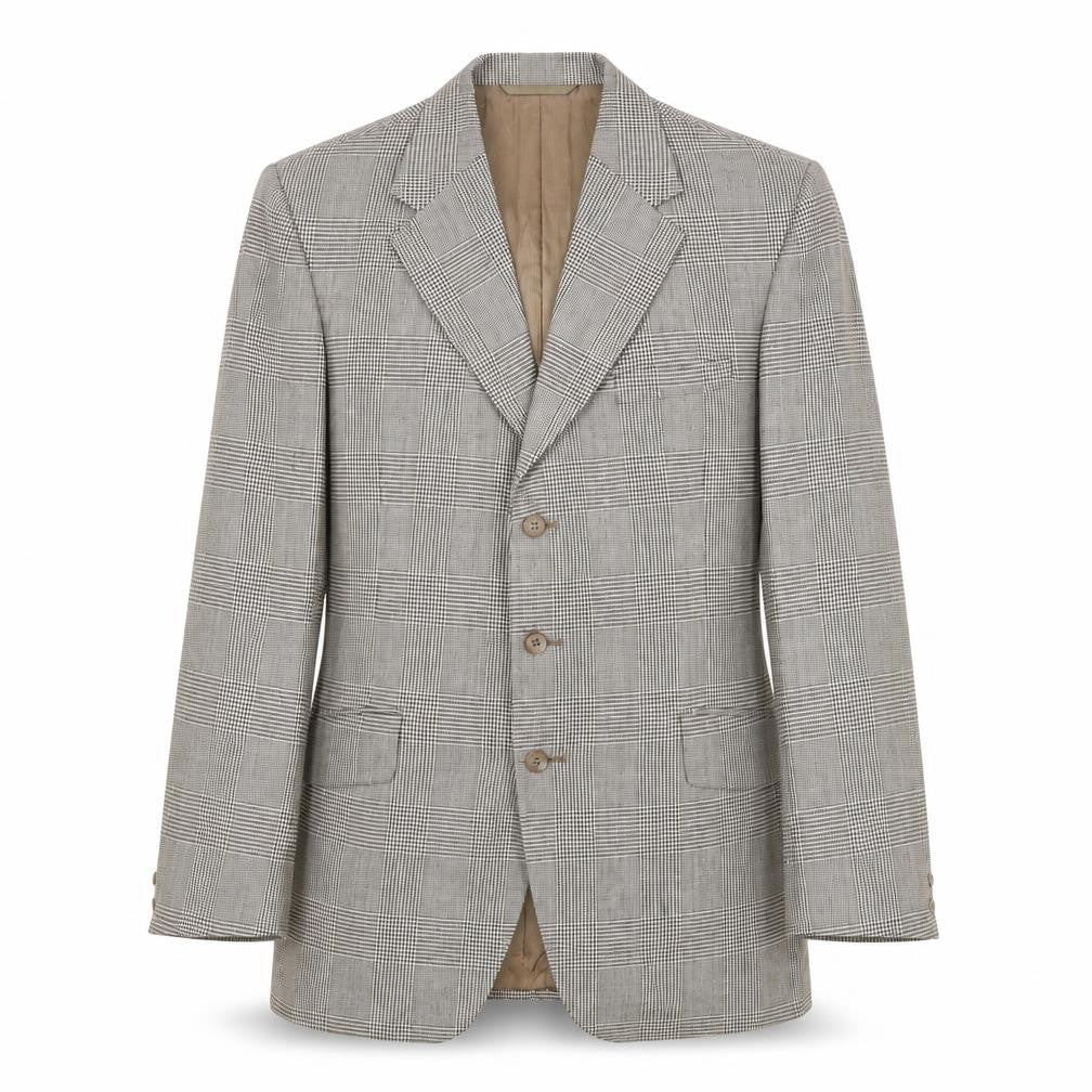 Front view of Burton men’s grey plaid wool jacket suit jacket, size 40, regular