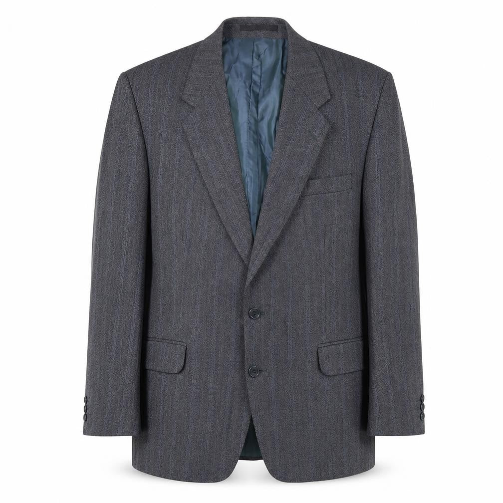 Front view of James Barry men’s blue striped wool jacket suit jacket, size 44, regular