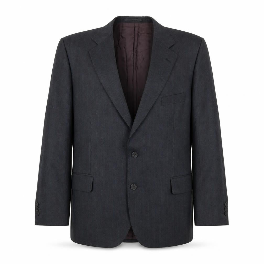 Front view of Mugee men’s grey striped wool jacket suit jacket, size 44, regular