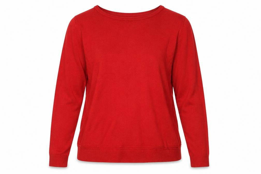 Front view of Vida Vi women’s red round neck acrylic jumper, size XL