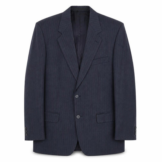 Front view of Marks & Spencer men’s blue striped polyester jacket suit jacket, size 40, regular