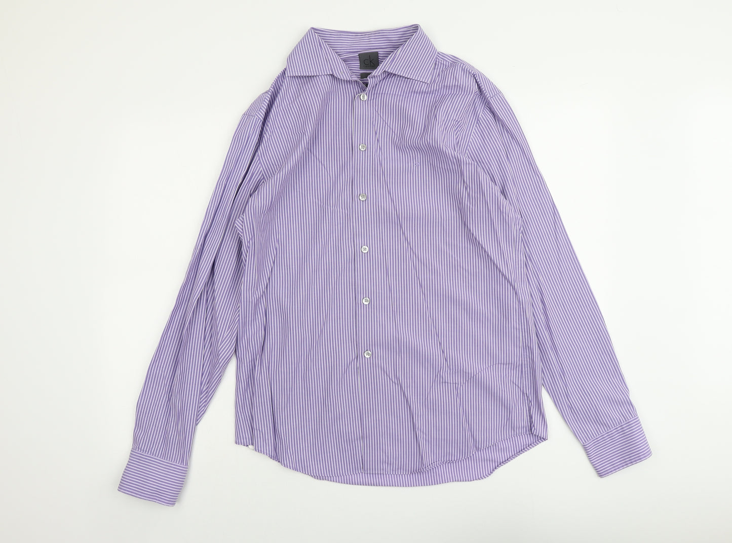 Calvin Klein Mens Purple Striped Cotton Button-Up Size 16 Collared Button