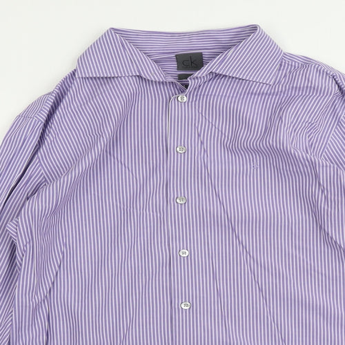 Calvin Klein Mens Purple Striped Cotton Button-Up Size 16 Collared Button
