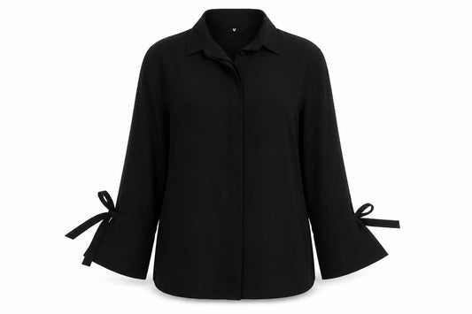 Front view of V By Very women’s black polyester basic button-up, size UK 12, v-neck