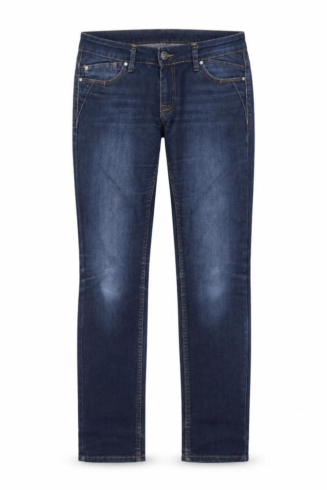 Front view of RESERVED women’s blue cotton straight jeans, size UK 29, in, 32-inch leg regular button