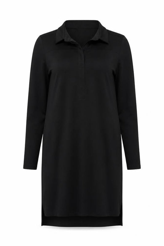 Front view of Warehouse women’s black polyester shirt dress, size UK 10, collared button