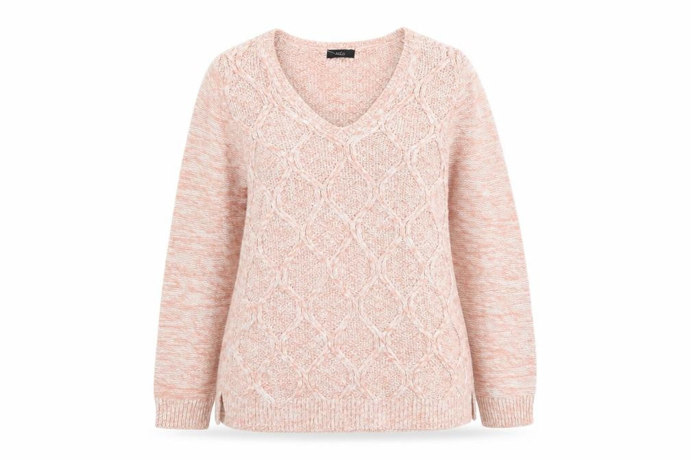 Front view of M&Co women’s pink v-neck acrylic jumper, size UK 14