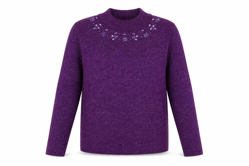 Front view of Bonmarché women’s purple round neck polyester jumper, size S