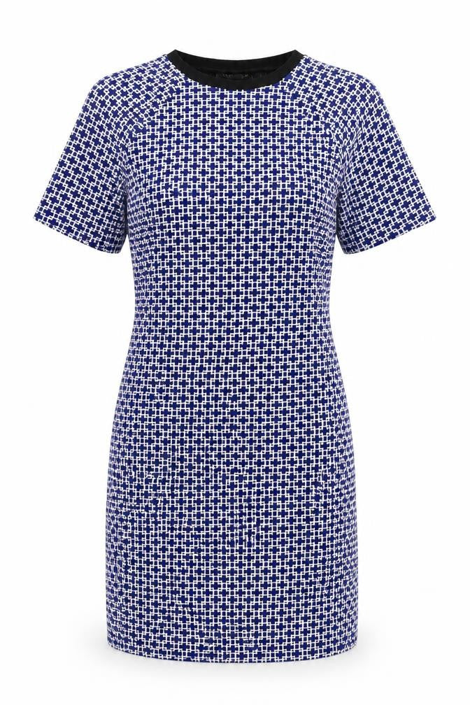 Front view of Topshop women’s blue geometric polyester a-line, size UK 8, round neck pullover